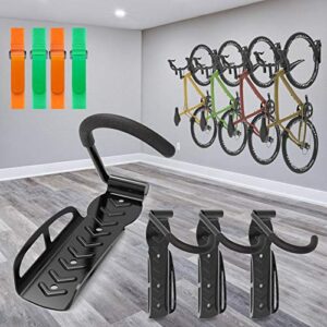 4 Pack Garage Bike Rack Wall Mount Organizer Bike Hook Bicycle Hanger Storage System Vertical Hanging for Indoor Shed Easily Hang Heavy Duty 66 lbs for Road Mountain Hybrid Bikes with 4 Rack Straps